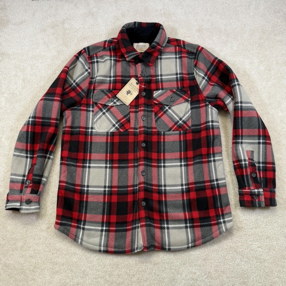 NWT Boston Traders Sherpa Lined Plaid Fleece Shirt Jacket Mens Large Red Pockets